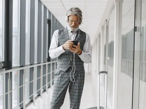 A man with a grey beard and a suitcase reads his phone in a bright airport walkway